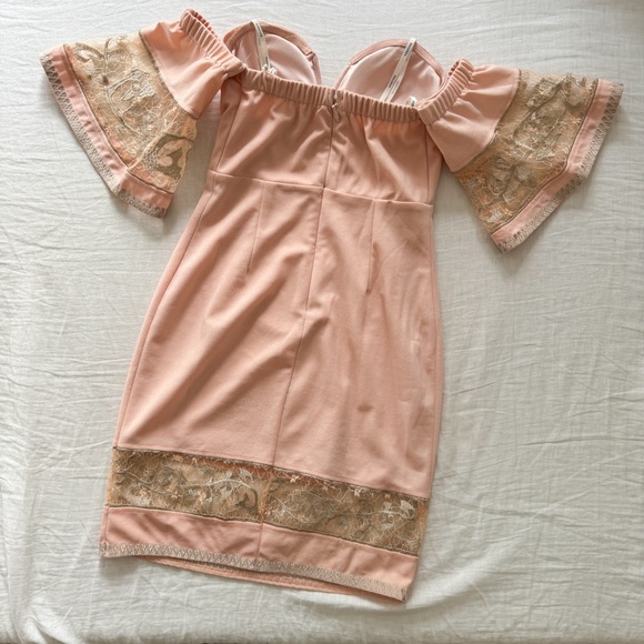 Soieblu Pale Pink Off the Shoulder Mini Dress with Embroidered Bell Sleeves - Picture 2 of 4